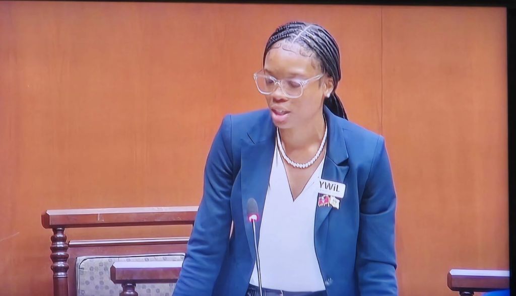 YWiL AB member speaking at parliament microphone during debate training