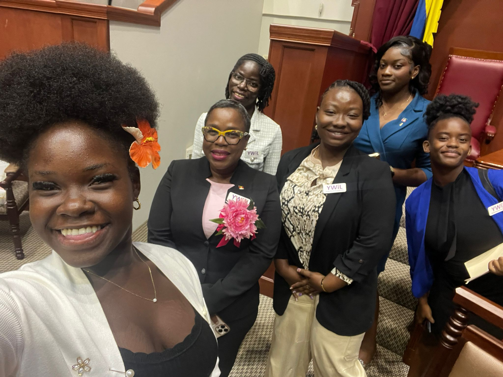 YWiL AB members joyful selfie inside the parliament wearing YWiL badges