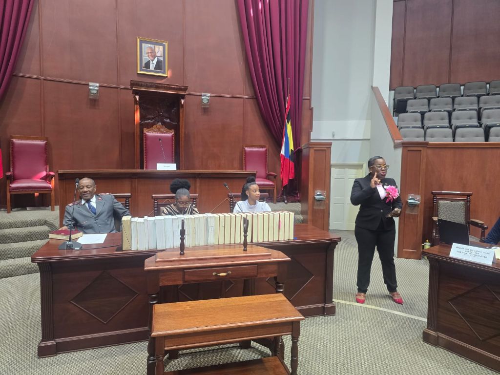 President of the Senate addressing the YWiL AB 2026 cohort inside the Antigua and Barbuda Parliament