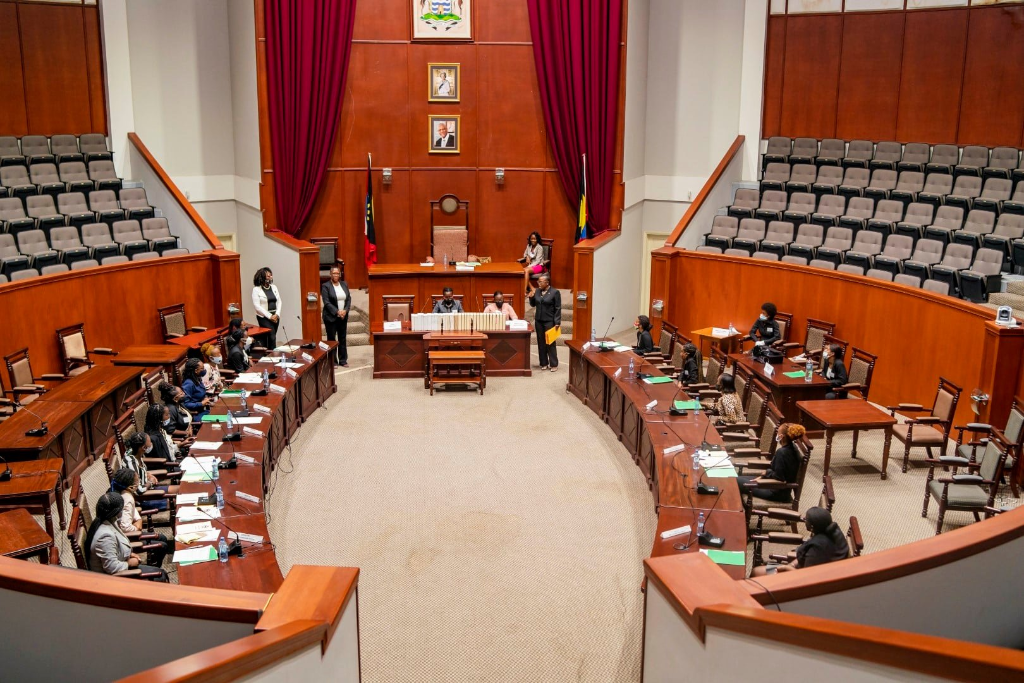 YWiL AB 2020 cohort members seated in the full Antigua parliament chamber during a parliamentary simulation session.